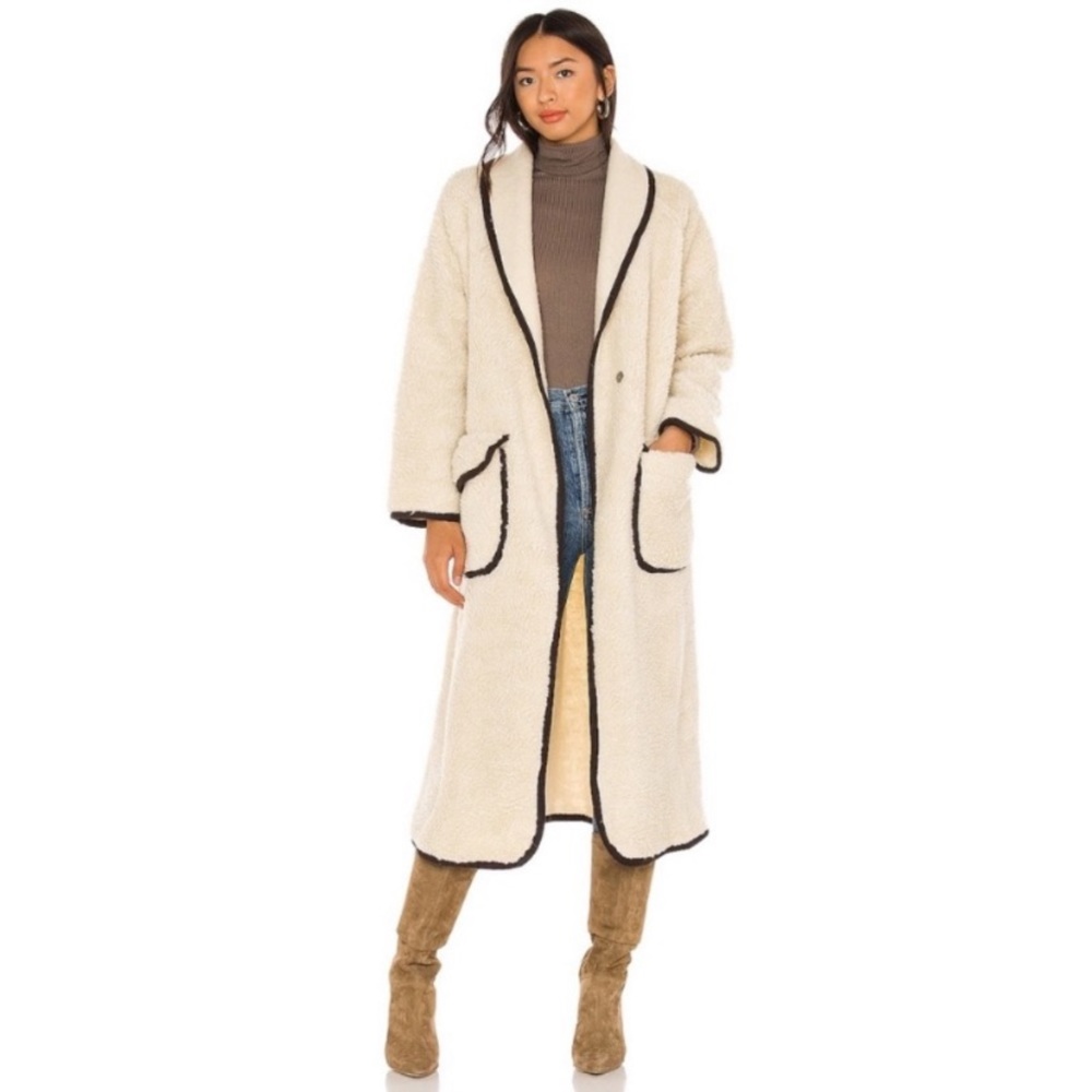Free People Faux Fur Cream with Brown Trim Teddy Bear Coat